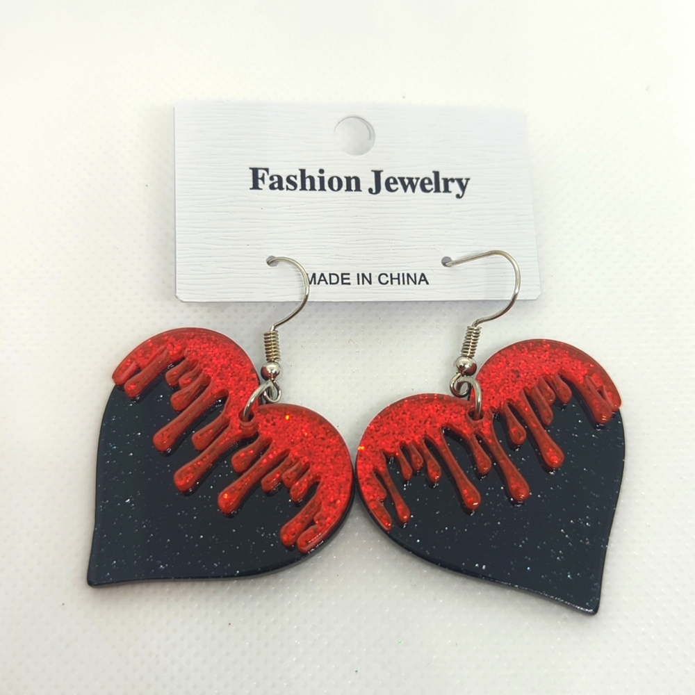 Dripping Red Black Heart Valentine Earrings